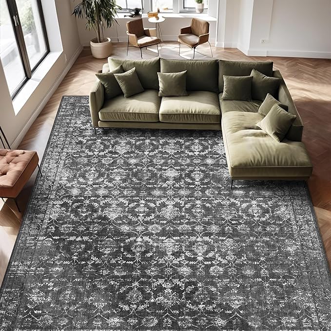 10x14 Washable Area Rugs for Living Room, Black Vintage Boho Large Rug for Bedroom Dining Room Office, Distressed Floral Floor Carpet Soft Non Slip Low Pile Farmhouse Indoor Mat