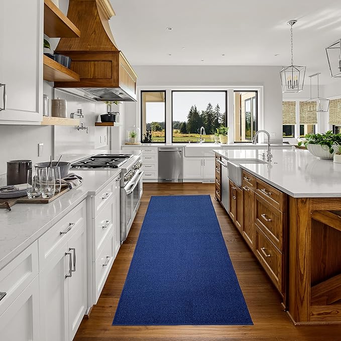 Custom Made Runner Rug Low Pile with Rubber Backing for Kitchen Foyer Hallway Entry Choose Your Length Size 26 Inch Wide Solid and Plain Dark Blue Color (15 feet x 26 inch)