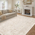Beige Area Rug 8x10 Machine Washable Large Vintage Living Room Distressed Non Slip Carpet Traditional Indoor Bedroom Retro Floral Accent Throw Rug for Office Kitchen Dining Room