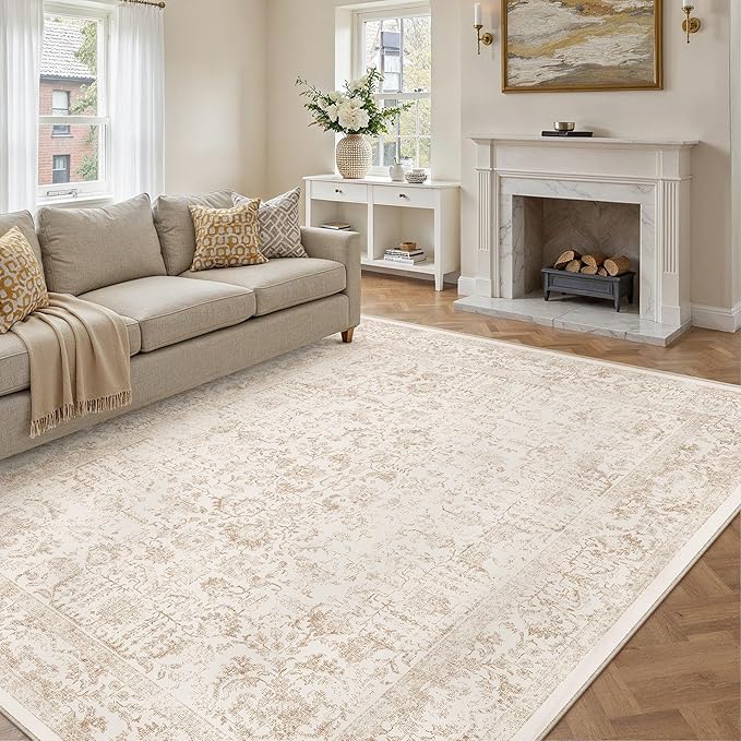Beige Area Rug 9x12 Machine Washable Large Vintage Living Room Distressed Non Slip Carpet Traditional Indoor Bedroom Retro Floral Accent Throw Rug for Office Kitchen Dining Room
