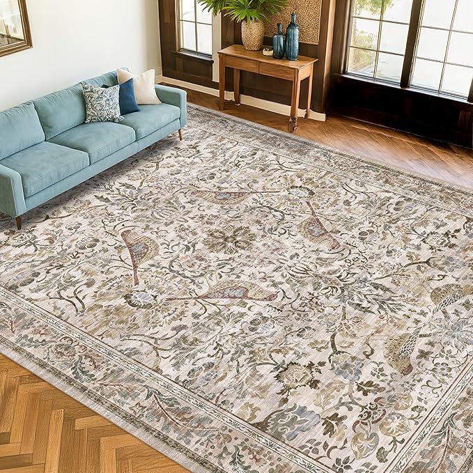 Boho 9x12 Large Area Rug for Living Room - Floral & Bird Soft Rugs for Bedroom,Non Slip Washable Carpet for Dining Room Under Table, Vintage Brown Taupe Indoor Décor, Low Pile Stain Resistant