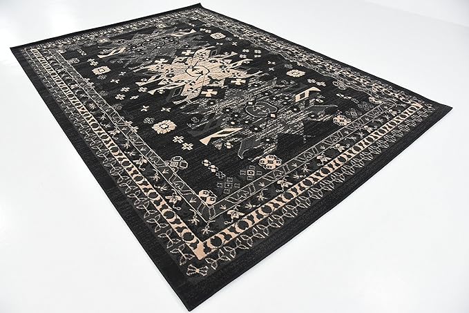 Unique Loom Taftan Collection Border Geometric Tribal Inspired Design Area Rug (7' 0 x 10' 0 Rectangular, Black/ Gray)