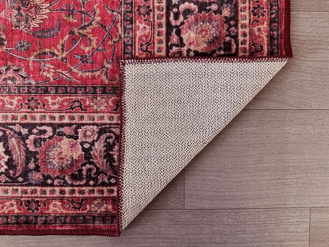 GLN Rugs Traditional Collection - Machine Washable Area Rug, Traditional Washable, Non Slip, Low Pile Chenille Rug, Living Room, Bedroom, Kitchen Rug (2'6" x 7' Dark Red)