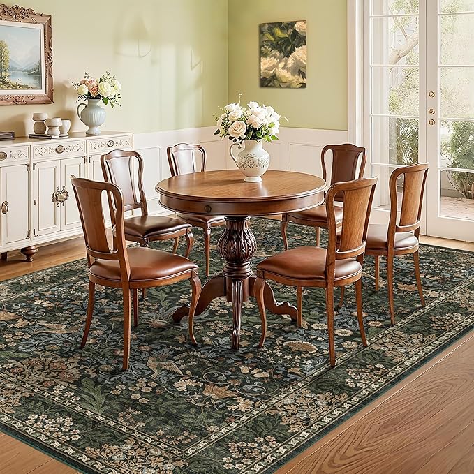 5x7 Floral Washable Area Rug for Living Room, Vintage Boho Rugs for Bedroom Dining Room, Botanical Birds Non Slip Low Pile Forest Throw Carpet for Farmhouse Office, Retro Gold/Green