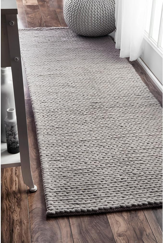 Nuloom Penelope Light Grey/Ivory, 2'6" x 8', Hand-Braided, Wool & Cotton, Soft and Textured, High Traffic, Stain Resistant, Easy Clean, Durable Runner for Bedroom, Living Room, Dining, Entryway