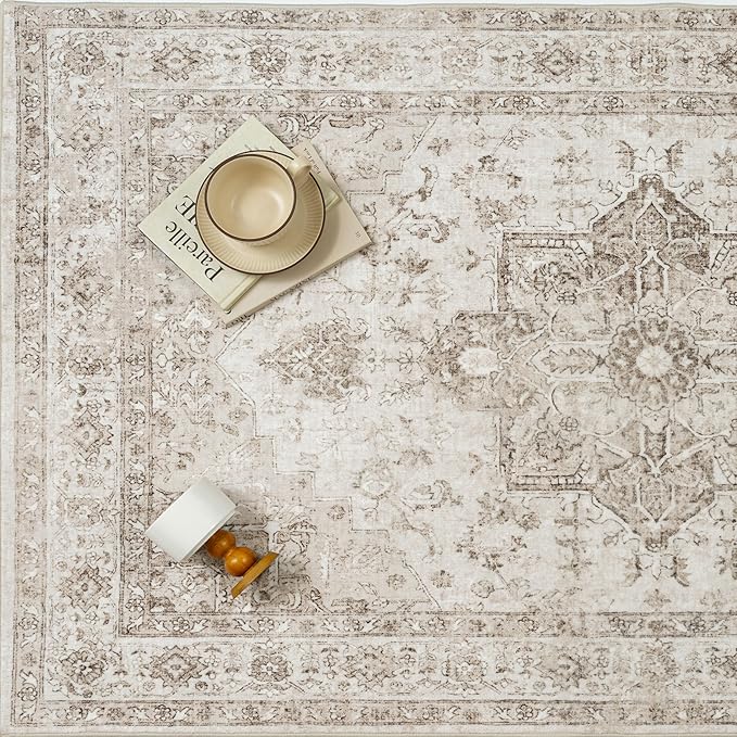Taupe 8x10 Area Rug Washable Vintage Living Room Carpet Non Slip Retro Distressed Low Pile Soft Oriental Medallion Thin Large Throw Rug for Office Bedroom Dining Room Playroom