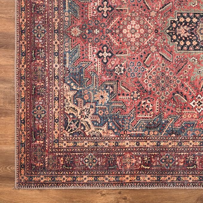 Bloom Rugs Washable Non-Slip 4' x 6' Rug - Red/Teal Blue/Yellow Traditional Medallion Area Rug for Living Room, Bedroom, Dining Room, and Kitchen - Exact Size: 4' x 6'