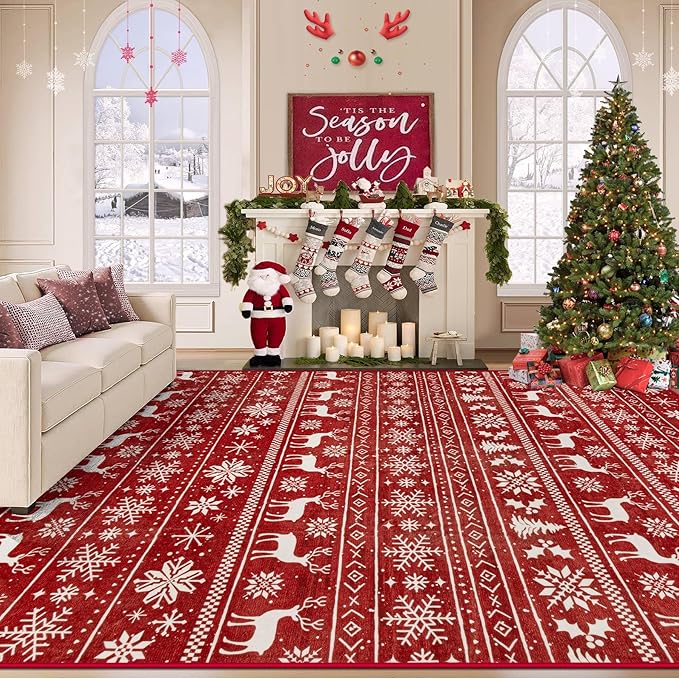 Christmas Rug 8x10 Washable Rugs, Boho Christmas Tree Snowflake Rug Non-Slip Soft Low Pile Non Shedding Indoor Holiday Decor Carpet for Living Room Bedroom Dining Room Home Office (Xmas Red, 8'x10')