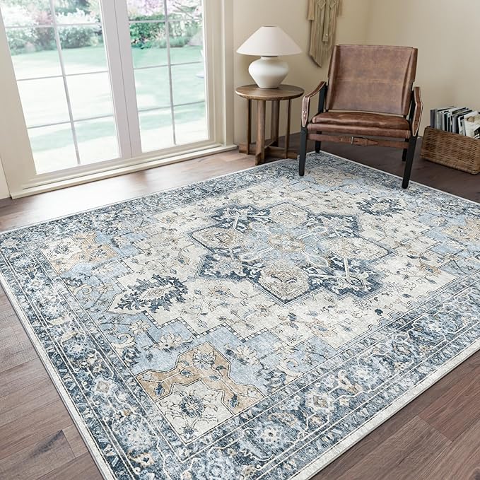 GENIMO 5x8 Area Rugs for Living Room, Machine Washable Low Pile Rugs, Chenille Non Slip Vintage Rug for Bedroom, Dining Room, Home Office, Blue