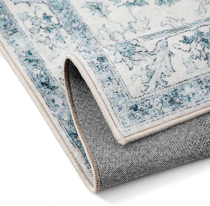 Blue Area Rug 4x6 Washable Vintage Carpet for Office Living Room Soft Retro Low Pile Thin Indoor Rug Non Slip Oriental Medallion Floor Cover for Bedroom Kitchen Dining Room