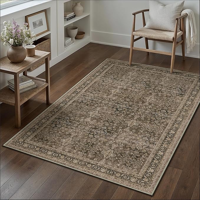 Entryway Area Rug 4x6 Brown Vintage Washable Office Carpet Traditional Distressed Indoor Entry Soft Non Slip Small Door Mat Retro Low Pile Thin Rug for Kitchen Laundry Bedroom