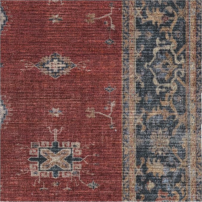 RUGGABLE Washable Vintage Area Rug – Verena Amber Red 10x14, Stain-Resistant, Non-Slip – Large Machine Washable Rugs for Living Room, Bedroom, Hallway, Entryway & Office–with Cushioned Pad