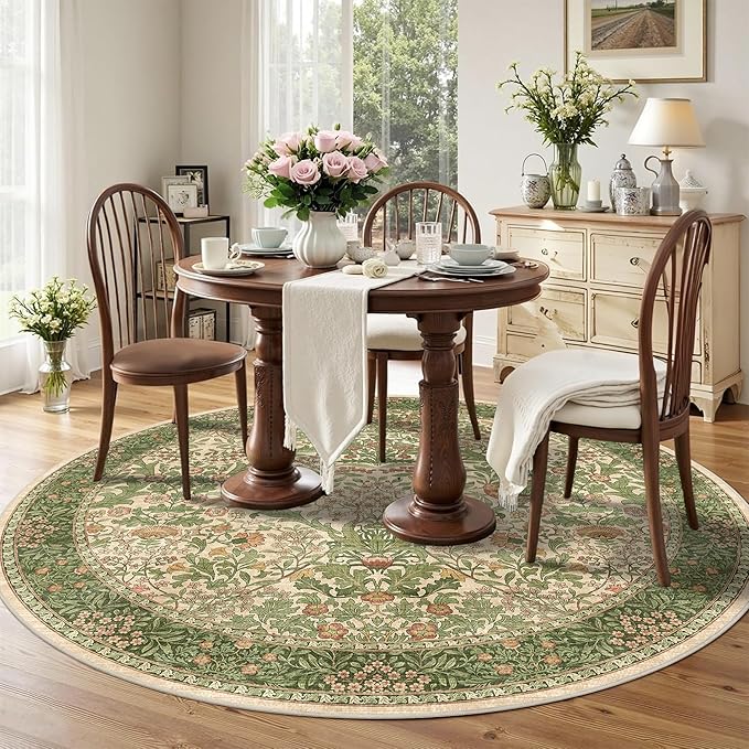 6ft Round Area Rugs for Living Room, Washable Floral Circle Rug Non Slip Low Pile, Vintage Boho Botanical Birds Throw Carpet for Farmhouse, Bedroom, Dining Room, Retro Pink/Green