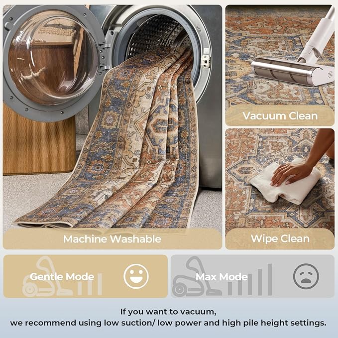 Kokia 5x7 Washable Area Rugs Terracotta with Vintage Orient Design, Soft Rug for Living Room or Bedroom, Non-Slip Low Pile Stain Resistance Features, Distressed Medallion Pattern