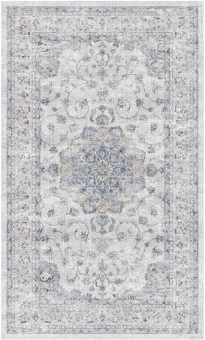 HUGEAR Machine Washable Area Rugs 3x5 Vintage Blue Living Room Rug Neutral Style Non Slip Stain Resistant Low Pile Throw Carpet for Office Home Retro Aesthetic Modern Decor
