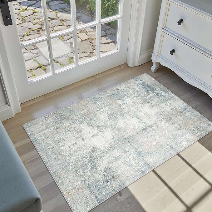 2x3 Washable Area Rug Blue Cream Abstract Entryway Kitchen Throw Rug Neutral Modern Non Slip Soft Low Pile Lightweight Small Carpet for Bathroom Living Room Bedroom