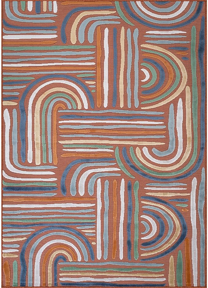 CAMILSON Indoor Outdoor Rug, Orange 8x10 Geometric Arch Striped Area Rugs for Patio and Home Areas, Easy-Cleaning Non-Shedding Living Room, Garden and Deck Washable Outside Carpet (8 x 10)