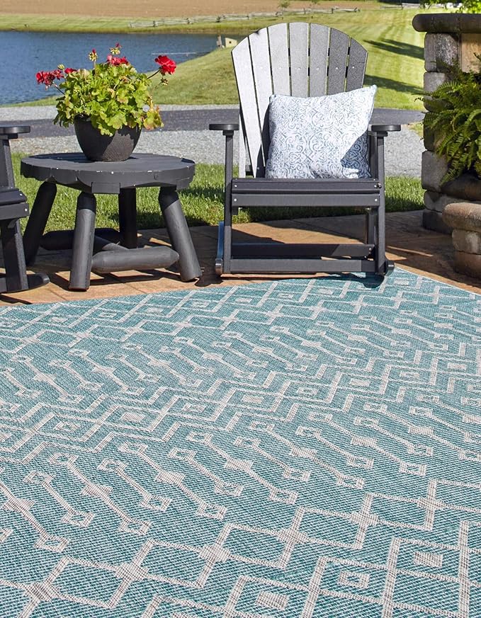 Unique Loom Outdoor Trellis Collection Area Rug - Tribal Trellis (7' 10" Square, Aqua/ Ivory)