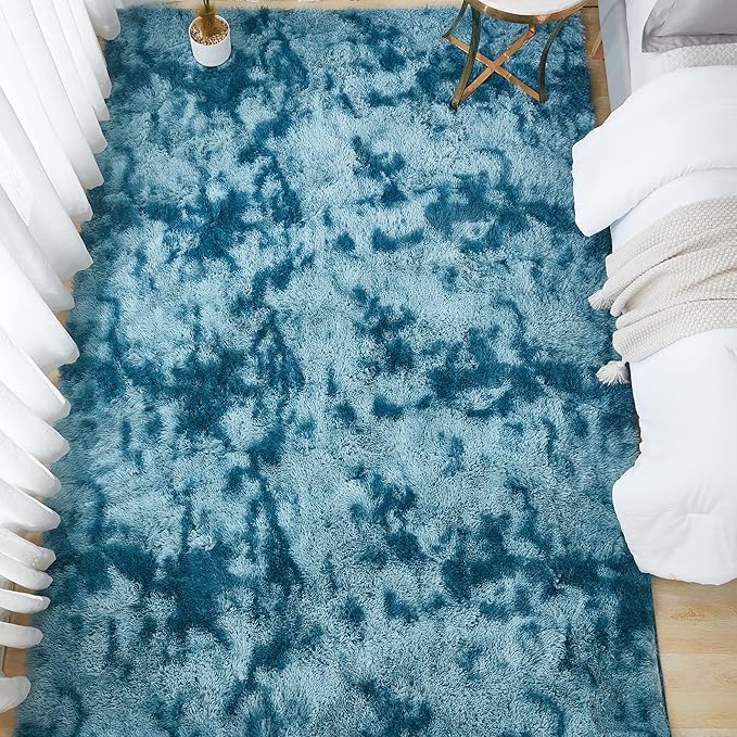 Andency Soft Area Rugs for Living Room Bedroom, 5x8 Fluffy Shaggy Bedside Rug, Non-Slip Large Shag Fuzzy Plush Carpets for Bedroom Kids Dorm Nursery Home Decor Aesthetic, Tie-Dyed Navy Blue