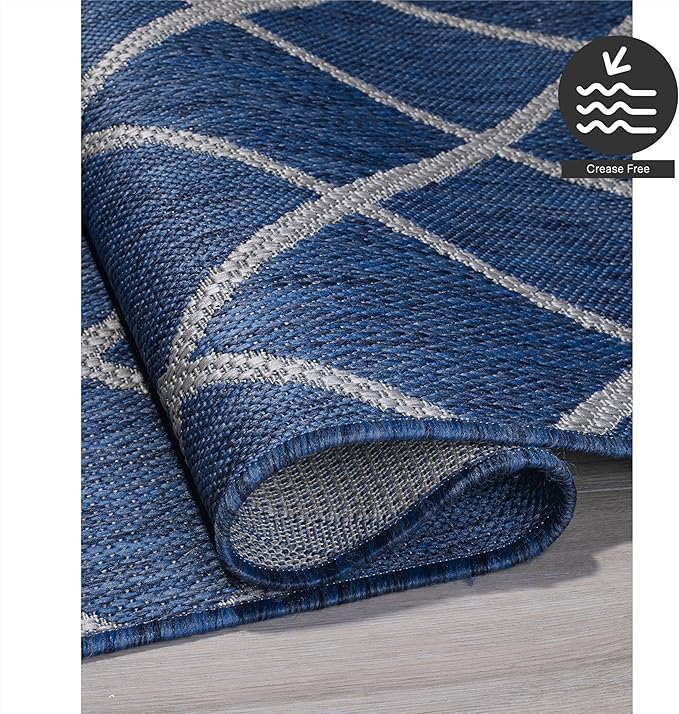 FH Home Flat Woven Outdoor Rug - Waterproof, Easy to Clean, Stain Resistant - Premium Polypropylene Yarn - Moroccan Geometric Lattice - Patio, Porch, Deck, Balcony - Tunis - Blue - 5ft 4in x 7ft 6in