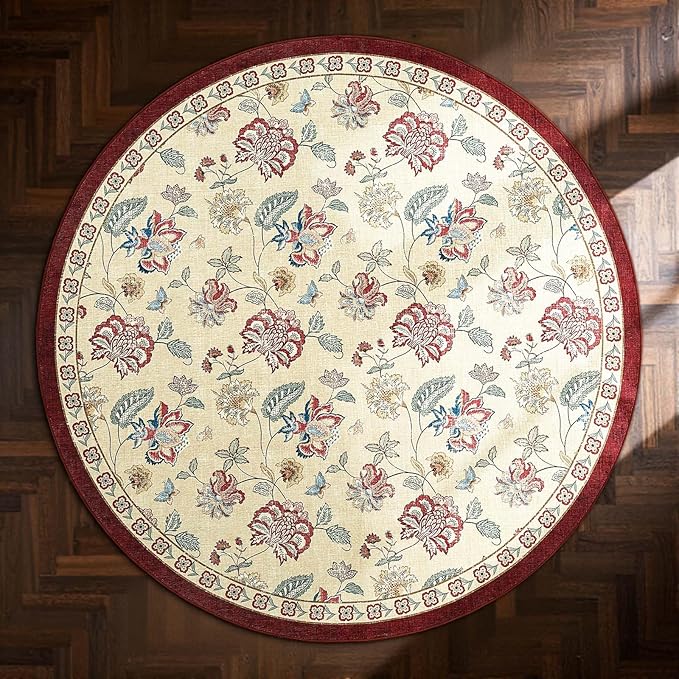 jinchan Elora 4ft Floral Round Rug for Entryway Washable Kitchen Rug Vintage Romance Design Non Slip Indoor Doormat Lightweight Low-Profile Throw Carpet for Living Room Dining Room Bedroom, Red/Beige