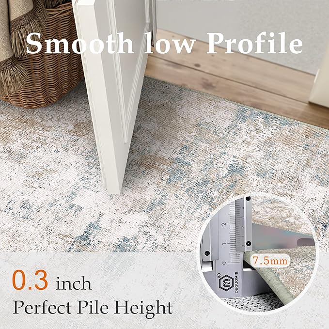 9x12 Area Rug Beige Blue Abstract Living Room Bedroom Washable Carpet Neutral Modern Non Slip Soft Low Pile Large Throw Rug for Dining Room Kitchen Office
