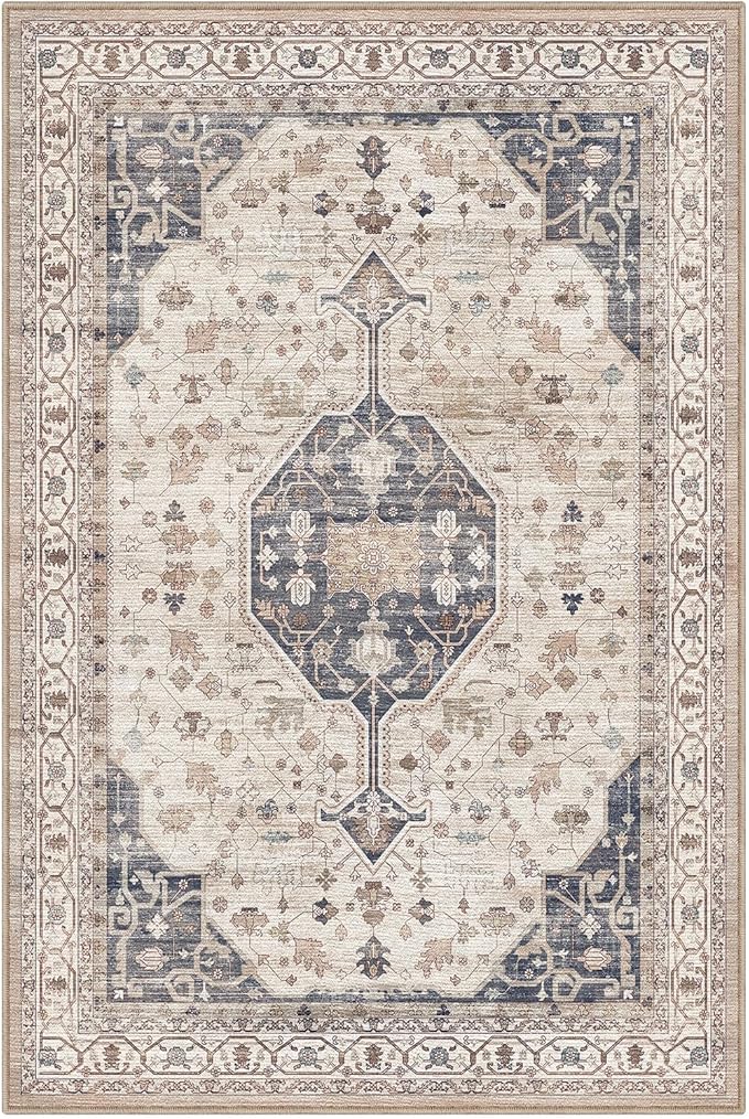 LUMI Washable Area Rug for Living Room, 4x6 Ultra Soft Traditional Rugs Non Slip with Rubber Backing, Low Profile, High Traffic, Stain Resistant Carpets, Ideal for Bedroom, Dining Room, Indoor