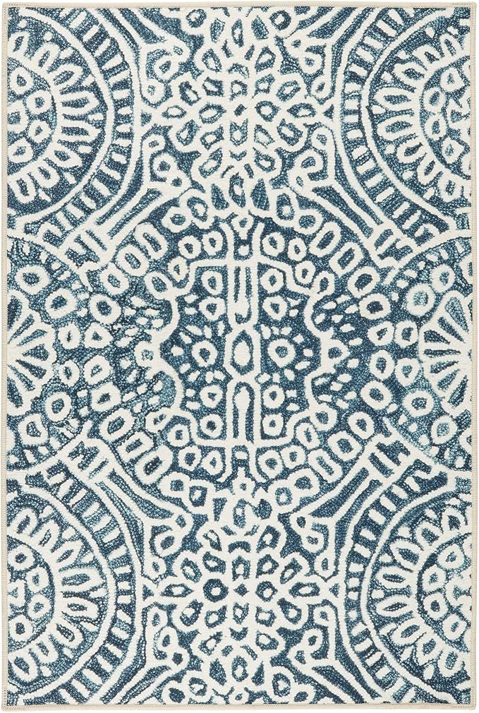 Dash and Albert Temple Ink Machine Washable Area Rug - 3' x 5' Blue - Geometric Accent Rug - Anti-Slip Backing, Lightweight, Machine Washable, High Traffic Areas Kitchen, Mudroom, Laundry Room