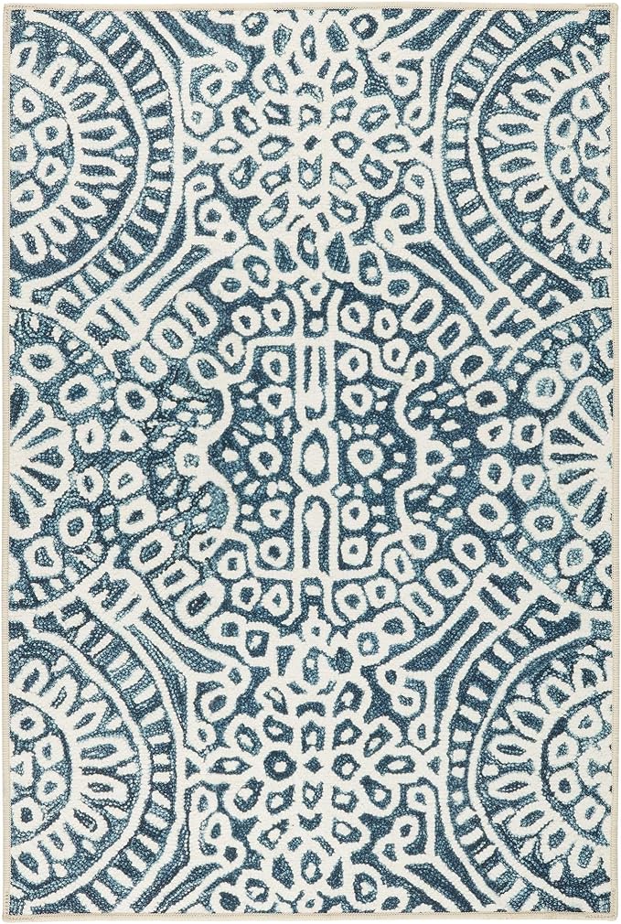 Dash and Albert Temple Ink Machine Washable Area Rug - 5' x 8' Blue - Geometric Accent Rug - Anti-Slip Backing, Lightweight, Machine Washable, High Traffic Areas Kitchen, Mudroom, Laundry Room