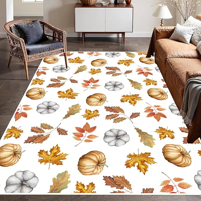 Pumpkin Area Rug, 5x8ft, Fun Vibrant Autumn Harvest Fallen Leaves Pumpkin Plant White Fall Porch Rug, Sturdy Non Slip Easy-Washing Fall Decorations for Home Bedroom