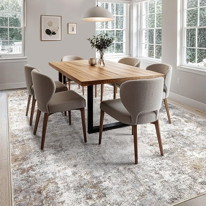 7x10 Area Rug Living Room Rugs - Washable Neutral Modern Abstract Soft Thin Large Rug Indoor Floor No Slip Rug Carpet for Bedroom Under Dining Table Home Office Decor - Brown Grey