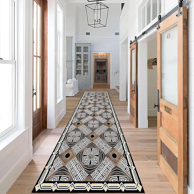 Abstract Black White Geometric Runner Rug, 2.6x10ft, Luxury Greek Key Rugs for Home Decorative, Greek Spiral Texture Home Decor Non Slip Rugs, Washable Soft Reduce Noise Mat for Bedroom