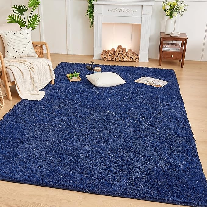 Andency Navy Soft Area Rugs for Living Room Bedroom, 3x5 Non-Slip Fluffy Shag Carpet, Indoor Floor Fuzzy Shaggy Living Room Plush Rug for Kids Dorm Nursery Home Decor Aesthetic
