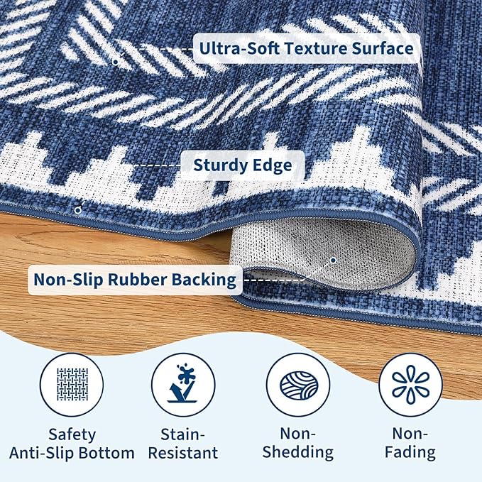 Geometric Bordered 2x6 Washable Runner Rug for Hallway Kitchen Foldable Non Slip Indoor Soft Carpet Modern Stain Resistant Non-Shedding Low Pile Rug for Dining Room Living Room with Rubber Back, Blue