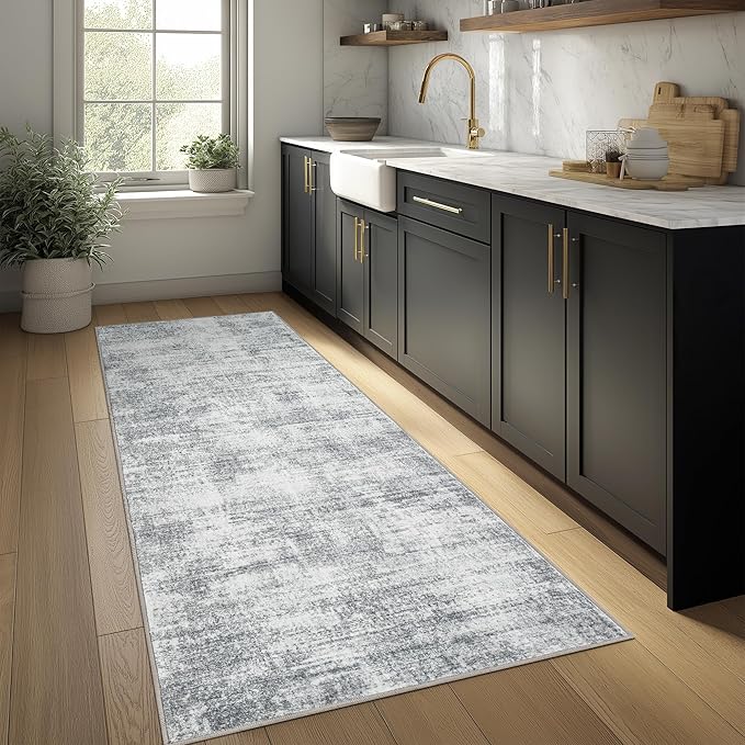 Modern Abstract Neutral 3x8 Runner Rug for Hallway Low Pile Non Slip Washable Rugs Floor Covering Grey Carpet Runners for Kitchen Laundry Room