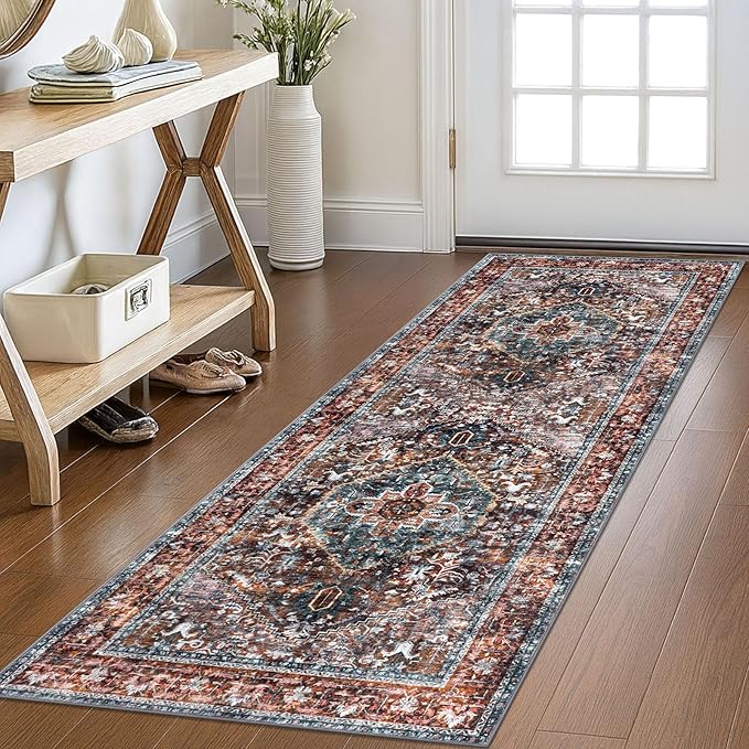 KOZYFLY Runners for Hallways 2x6 Ft Washable Kitchen Runner Rug Boho Runner Rug for Entryway Indoor Printed Oriental Faux Wool Floor Carpet Runner for Bedroom Kitchen Hall, Brick Red/Orange/Green