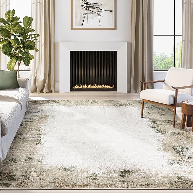 Abani Beige with Green Border Area Rug – 8' x 10' – Classic Textured Design – Ivy Collection – Non-Shedding, Fade-Resistant, Easy to Clean – Durable for High Traffic Areas – Living Room & Bedroom
