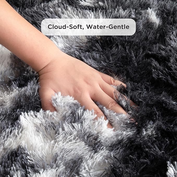 Andency Soft Area Rugs for Living Room Bedroom, 5x8 Fluffy Shaggy Bedside Rug, Non-Slip Large Shag Fuzzy Plush Carpets for Bedroom Kids Dorm Nursery Home Decor Aesthetic, Tie-Dyed White Black