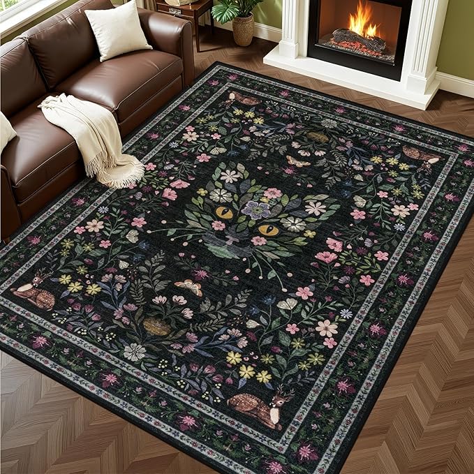 5x7 Area Rugs Living Room Rug: Vintage Washable Rug Floral Soft Carpet Indoor Floor Non-Slip Boho Stain Resistant Large Carpets for Bedroom Kids Nursery Dining Room Farmhouse Home Office Black/C02