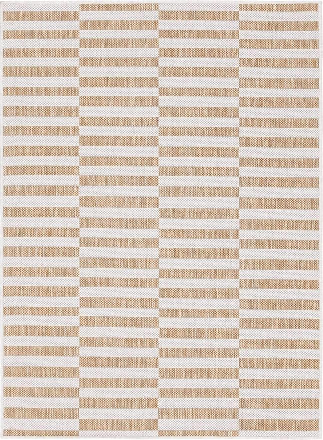 Unique Loom Outdoor Striped Collection Area Rug - Striped (7' 1" x 10' Rectangle, Taupe/Ivory)