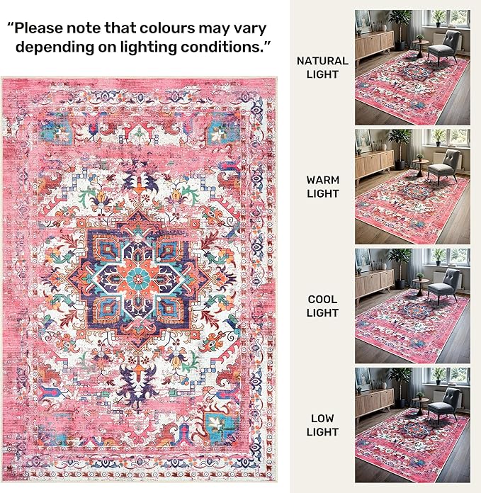 GLN Rugs Traditional Collection - Machine Washable Area Rug, Traditional Washable, Non Slip, Low Pile Chenille Rug, Living Room, Bedroom, Kitchen Rug (2'6" x 10' Pink/Multicolor)
