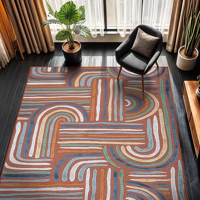 CAMILSON Indoor Outdoor Rug, Orange 6x9 Geometric Arch Striped Area Rugs for Patio and Home Areas, Easy-Cleaning Non-Shedding Living Room, Garden and Deck Washable Outside Carpet (6 x 9)