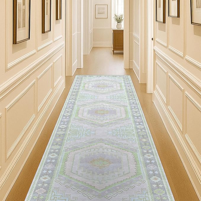 Fame Living Washable Area Rug. Modern Farmhouse. Vintage. Turkish. Bohemian. Distressed. Oriental. Traditional. Rugs for Living Room. Dining. Bedroom. Office. Entryway. Foyer. (856GrnCrm, 2'5" x 13')