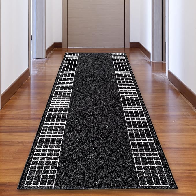 Custom Made Runner Rug for Kitchen Foyer Hallway Entry Choose Your Length 31 Inch Wide Geometric Checkered Design Black Color (18 feet x 31 Inch)