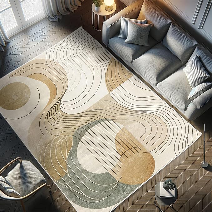 Ambesonne Modern Boho Decorative Rug, Abstract Geometry Earth Tones Swirls and Rounds Mid Century Details, Quality Carpet for Bedroom Dorm and Living Room, 2' x 5', Tan Beige Grey Teal