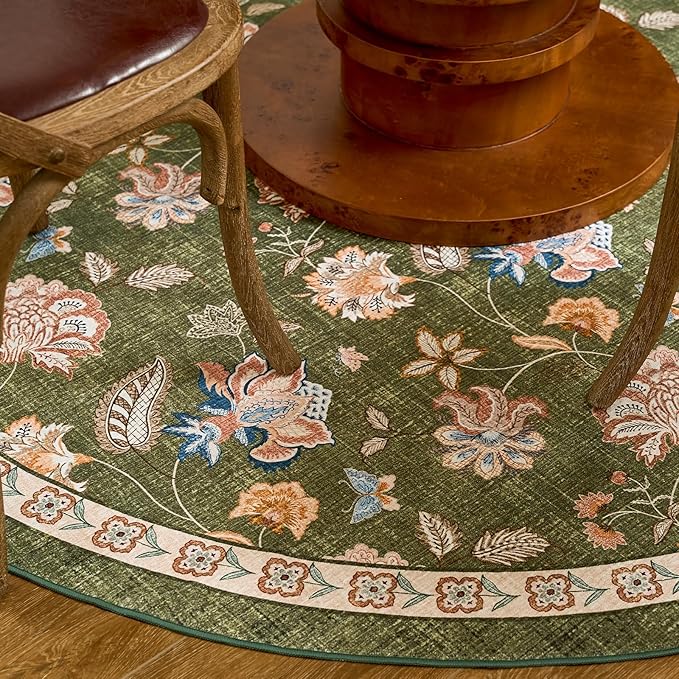 jinchan Elora 8ft Floral Round Rug for Dining Room Washable Living Room Rug Vintage Romance Design Non Slip Indoor Floor Cover Lightweight Low-Profile Throw Carpet for Bedroom Porch Patio, Green