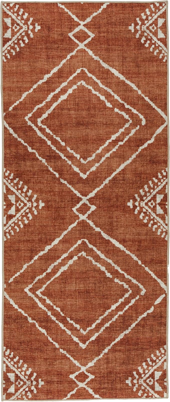 ReaLife Rugs Machine Washable Area Rug Runner - Living Room Bedroom Bathroom Kitchen Entryway Office - Padded Low Pile Stain Resistant Premium - Moroccan Diamond Tribal - Jax - Orange 2'6" x 10'