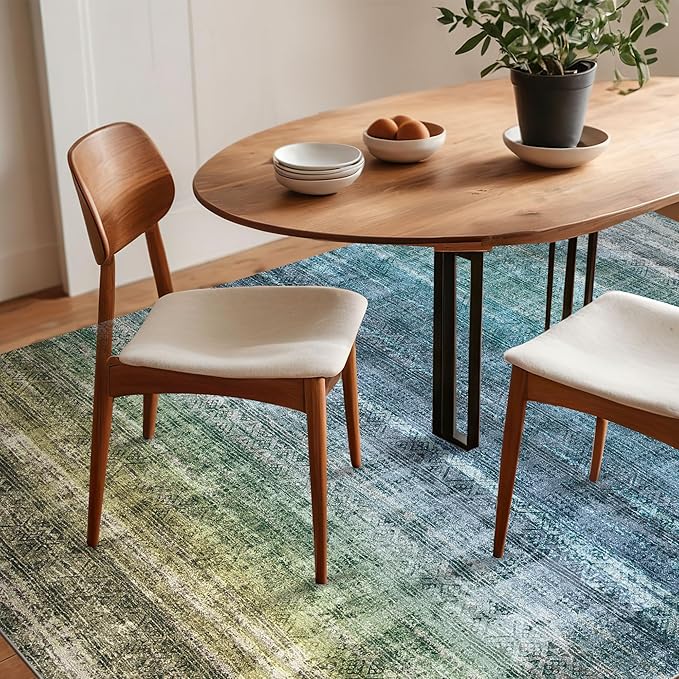Kokia Abstract Area Rugs 10x14 Bedroom Washable Decor Low Pile Non-Slip Non-Shedding Indoor Blue Carpet Foldable Stain Resistant Floor Living Room Dining Room, Oslo Teal Amber