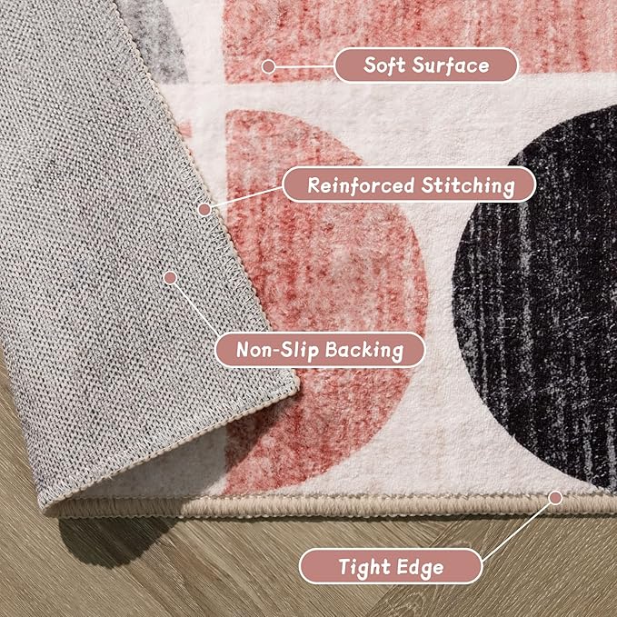 MUJOO Pink Washable Rugs 9x12,Boho Area Rugs for Living Room Bedroom Dining Room,Large Throw Floor Carpet Non Slip Soft Modern Abstract Pink and Grey