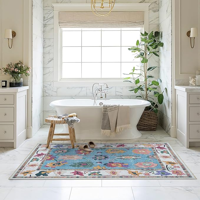Fame Living Colorful Oushak Rug, Modern, Vintage, Turkish, Eclectic, Floral, Pastel, Washable, Extra Large Area Rugs for Living Room, Dining, Bedroom, Lounge, 9'x12'